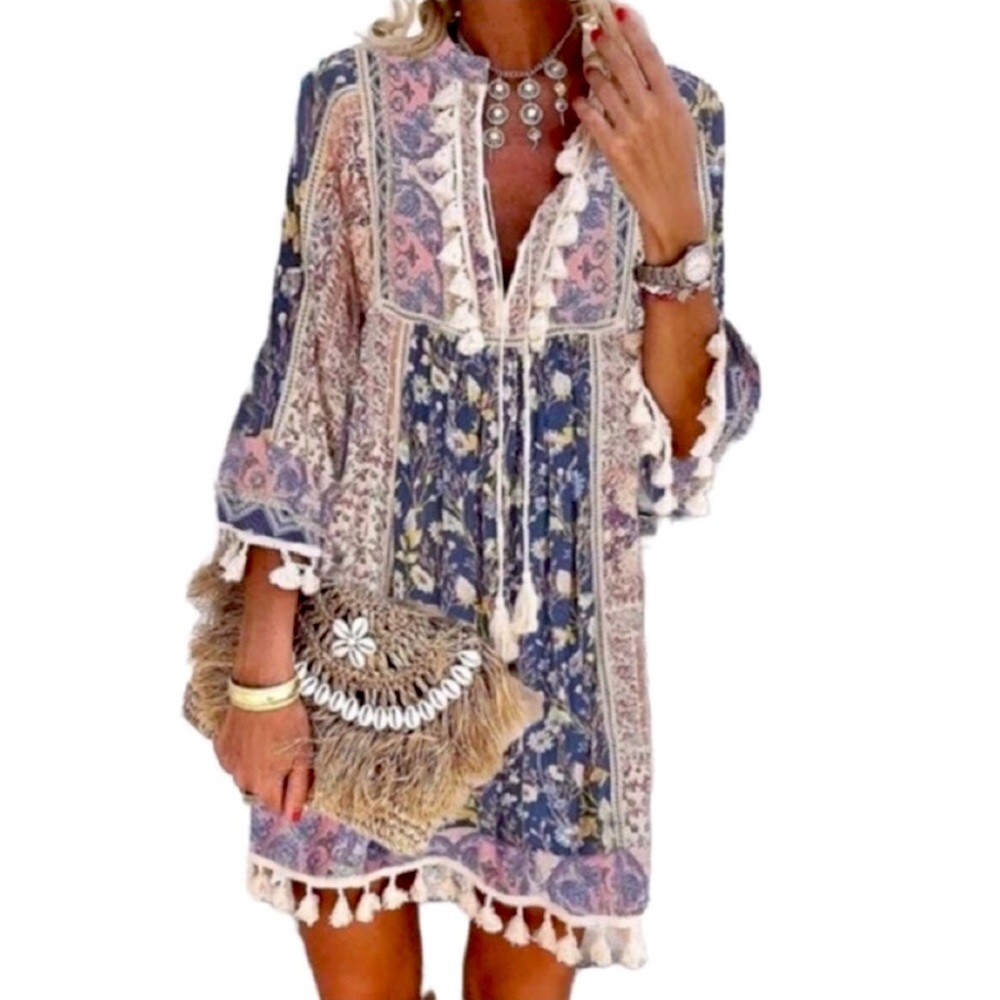 Noracora Floral Boho Tassel Hem Dress - NWT